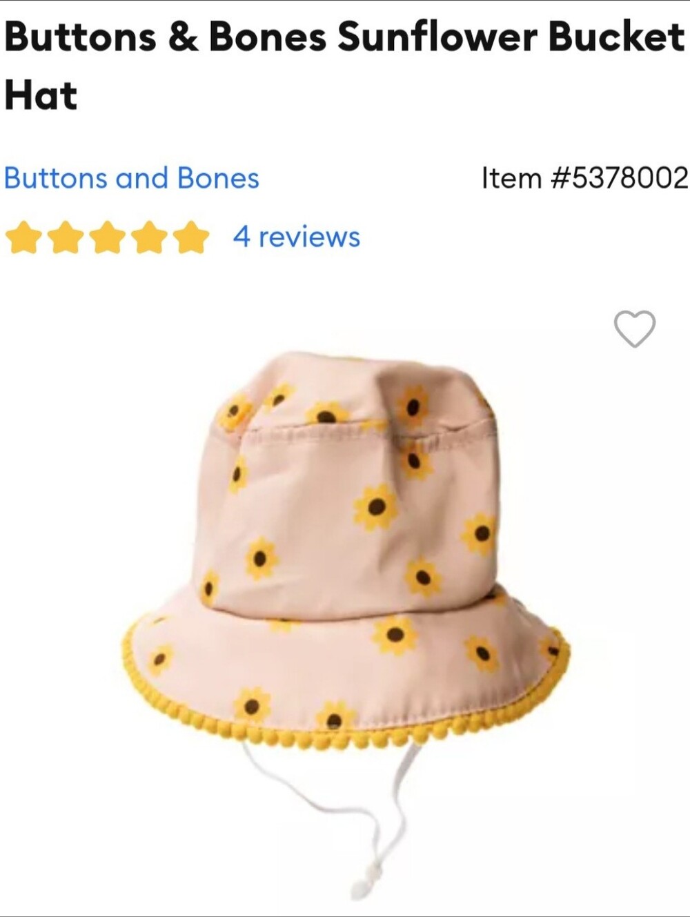 Buttons & Bows Sunflower Bucket Hat, NWT